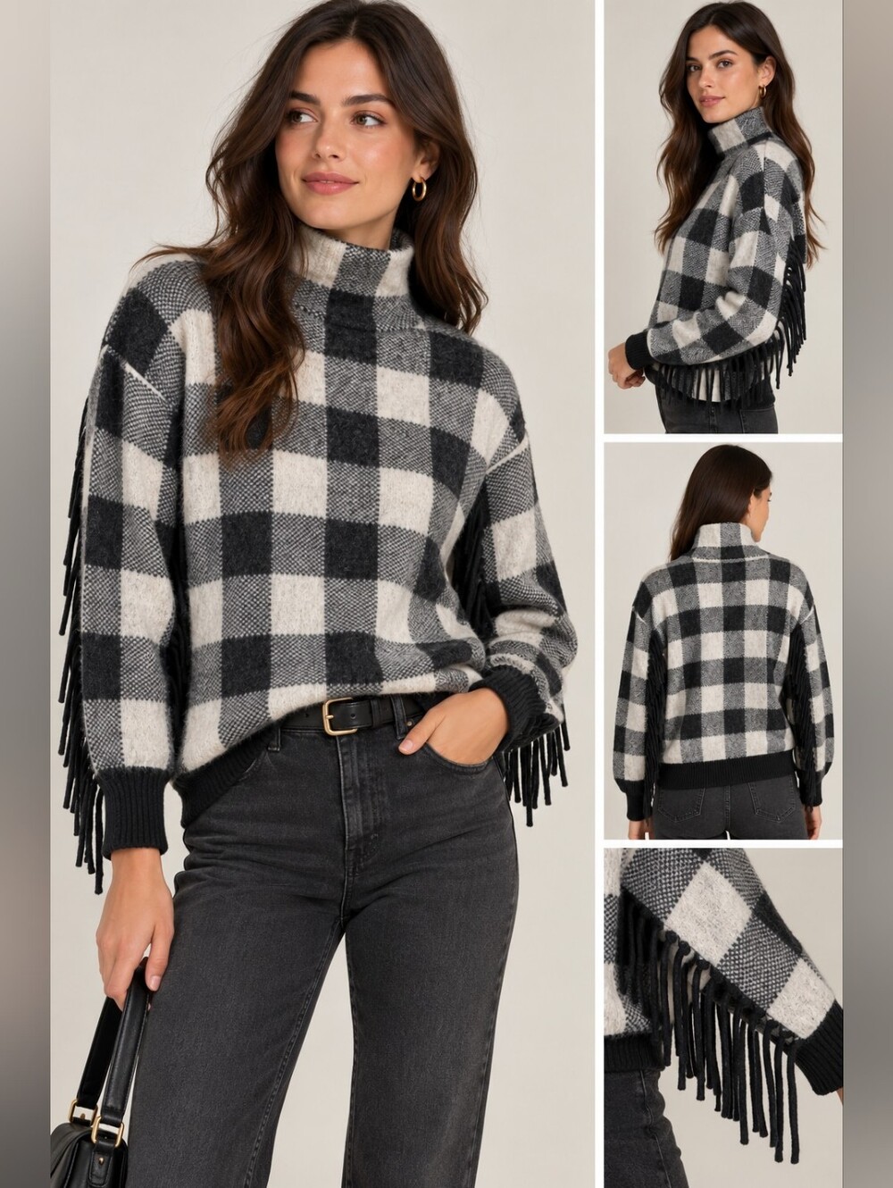 LAUREN Ralph Lauren Wool Blend Plaid Fringe Sweater Mock Neck XS Black White